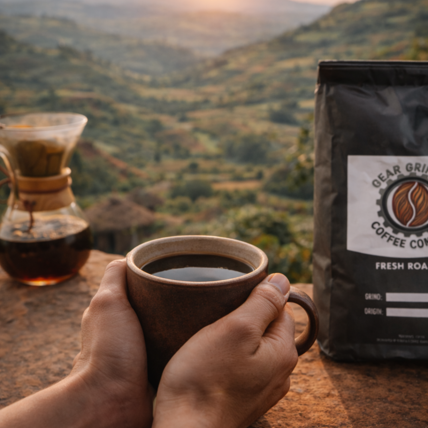 Person holding a coffee cup with a scenic view and a coffee bag in the background