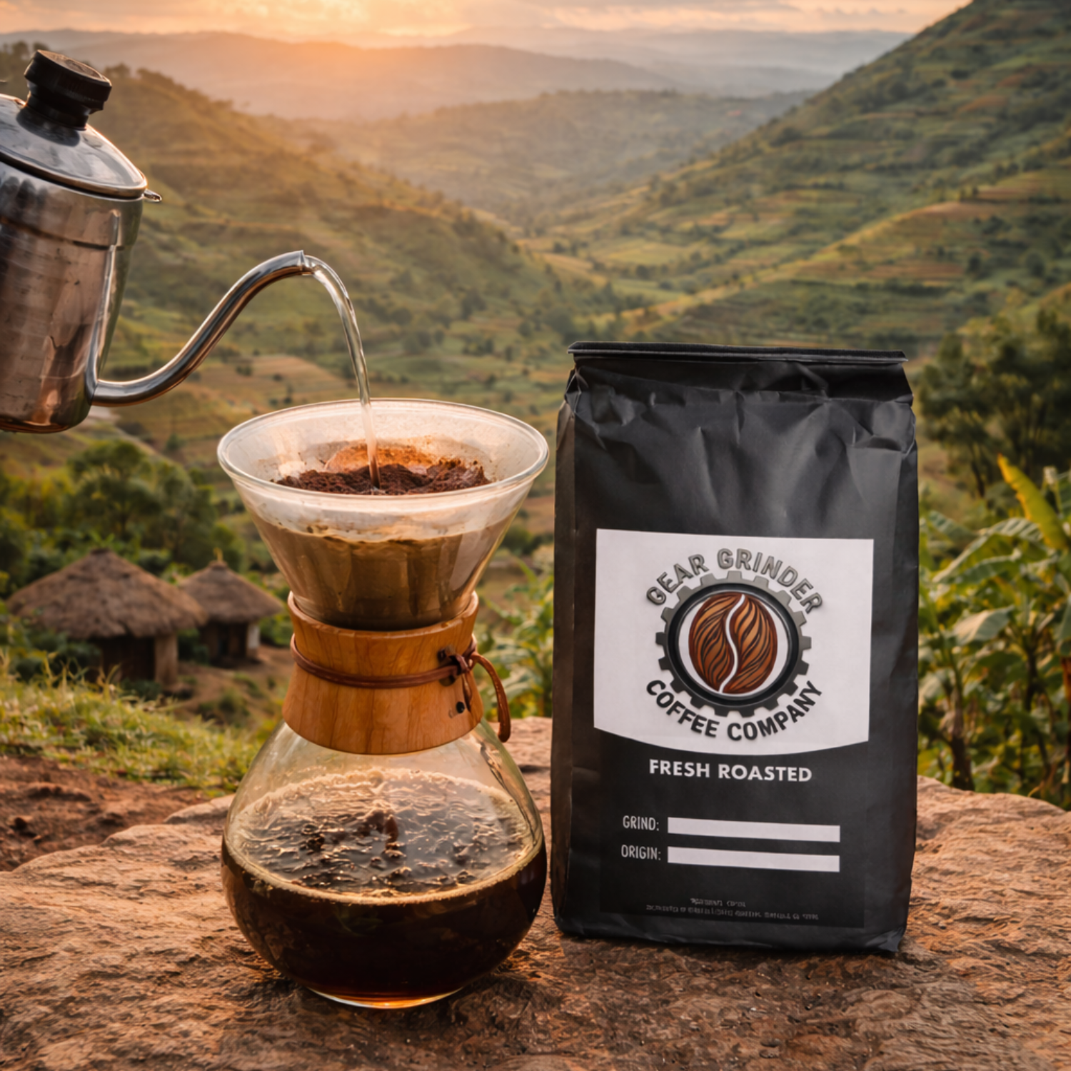 Coffee being brewed with a scenic background and a bag of coffee beans from Gear Grinder Coffee Company.