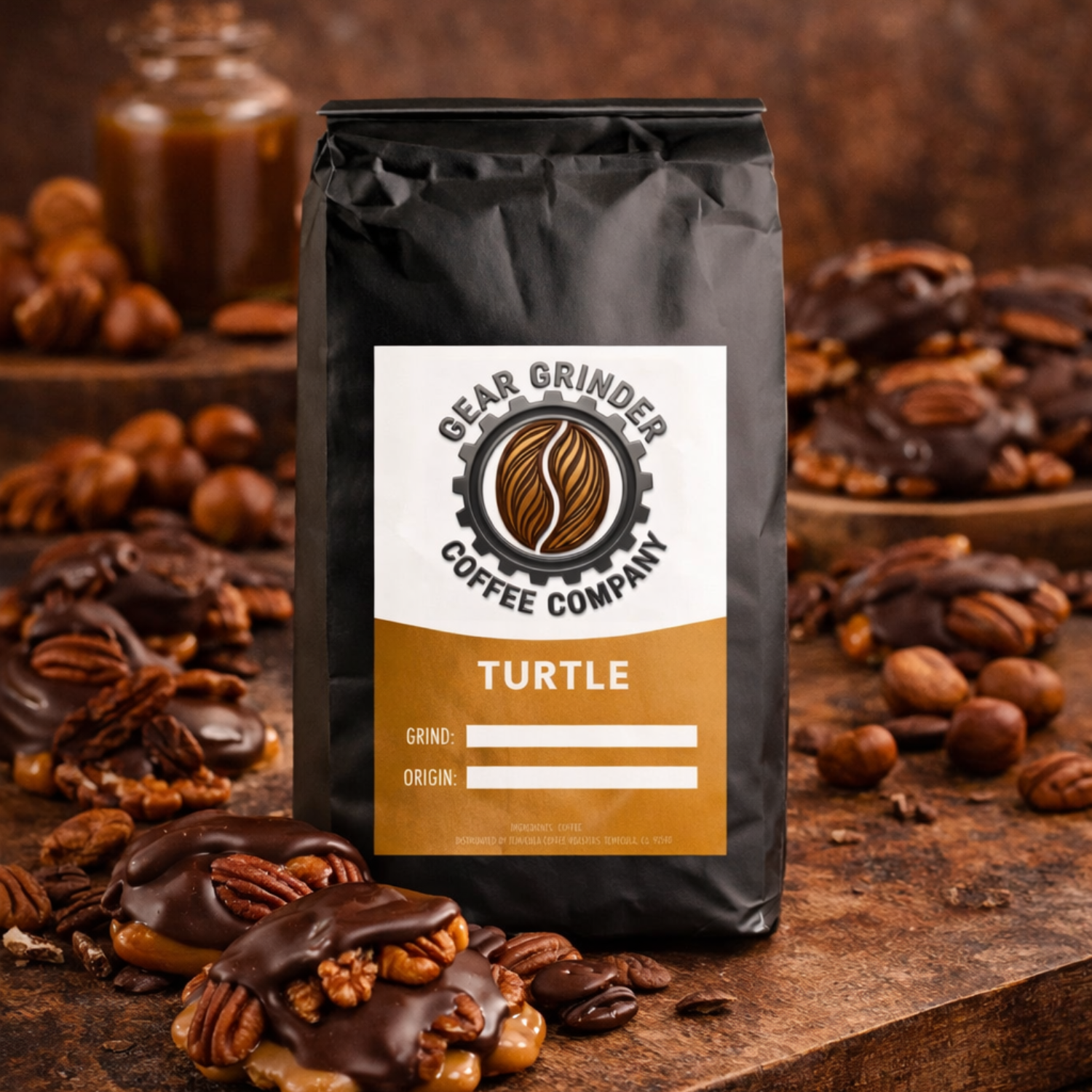 Turtle - Turtle flavored coffee with chocolate caramel hazelnut notes.